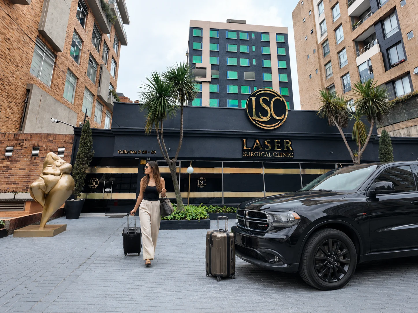 Paciente internacional llegando con equipaje a Laser Surgical Clinic en Bogotá.