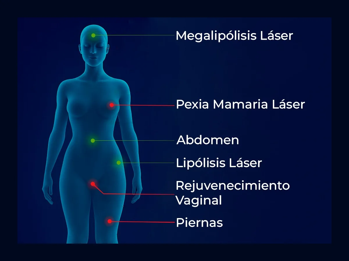 Procedimientos corporales: megalipólisis láser, pexia mamaria láser, abdomen, lipólisis láser, rejuvenecimiento vaginal y piernas.