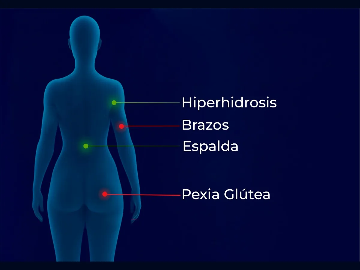 Procedimientos corporales: hiperhidrosis, brazos, espalda y pexia glútea.