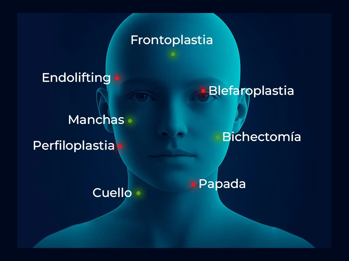 Procedimientos faciales: frontoplastia, endolifting, blefaroplastia, tratamiento de manchas, perfiloplastia, bichectomía, cuello y papada.